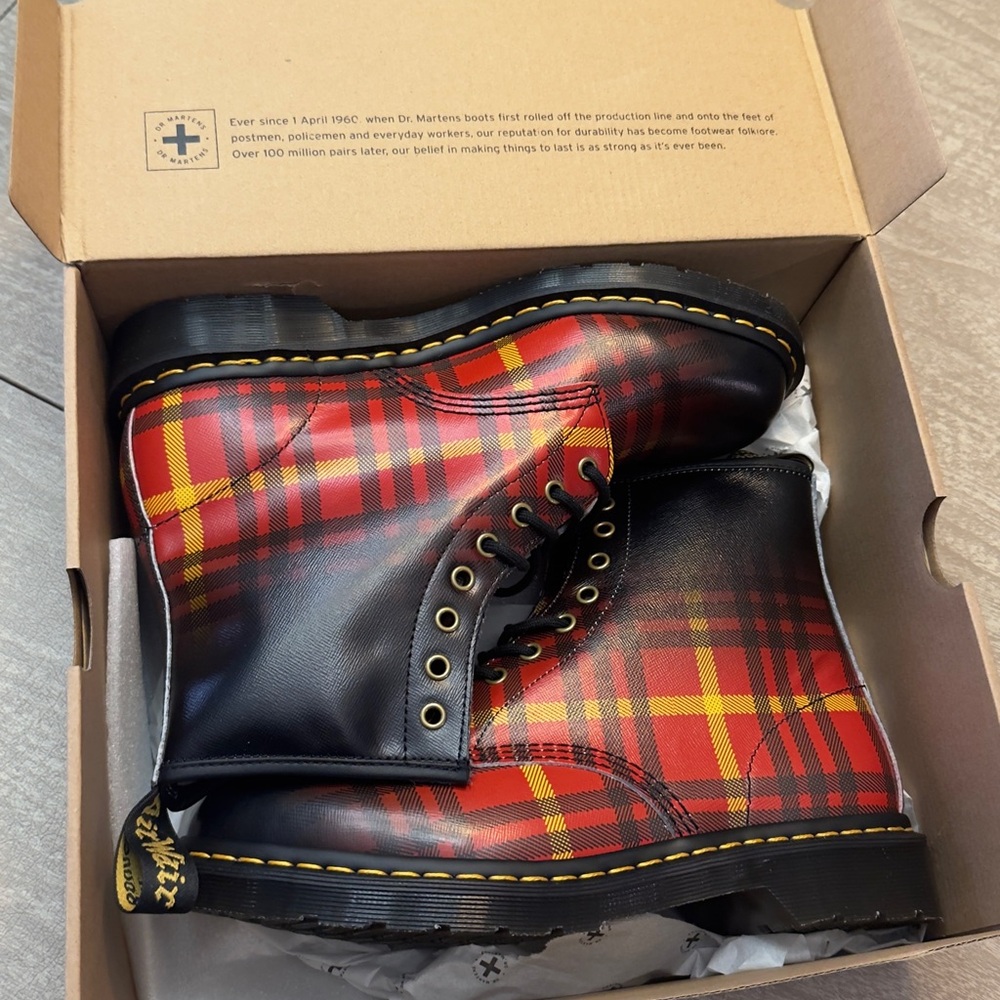 Dr. Martens Black and Red Plaid Men's Boots - Picture 2 of 9
